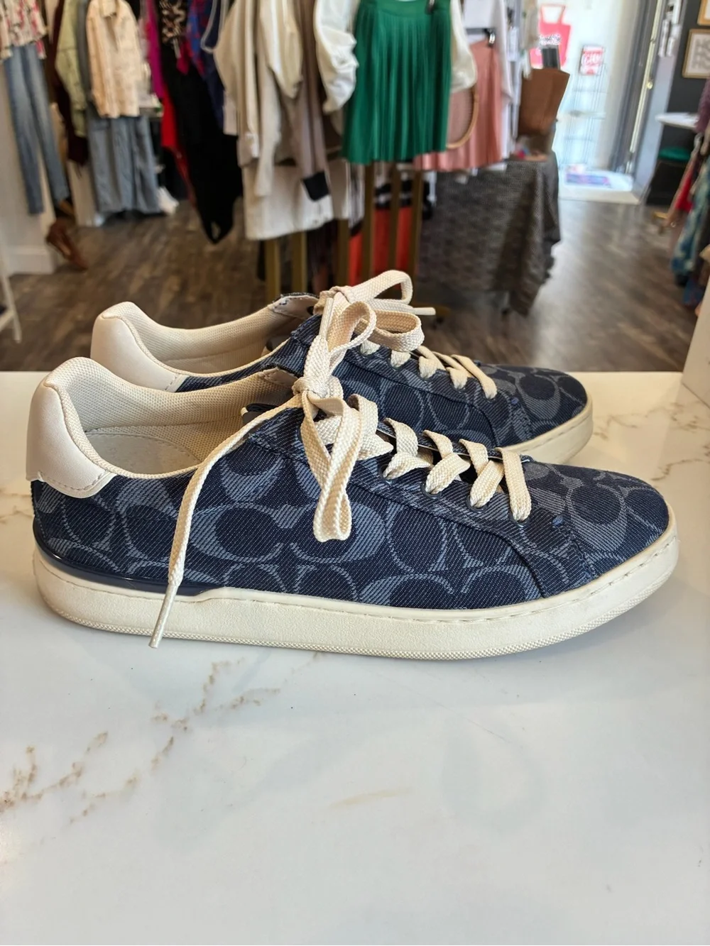 Coach Navy denim Signature Canvas Low-Top Sneakers with Cream Trim